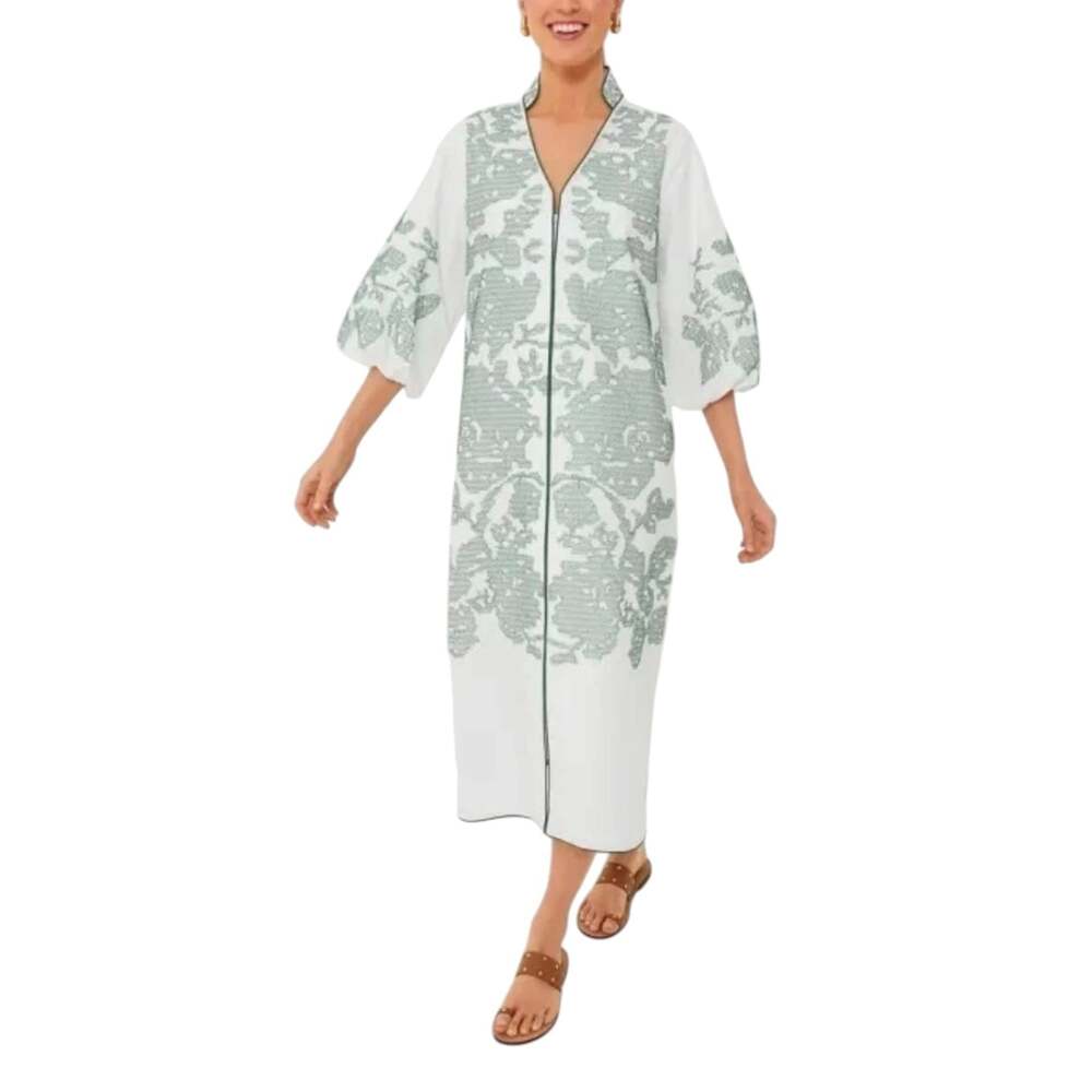 Tuckernuck Hyacinth House Arem Embroidered Caftan Small Front Zip White Green